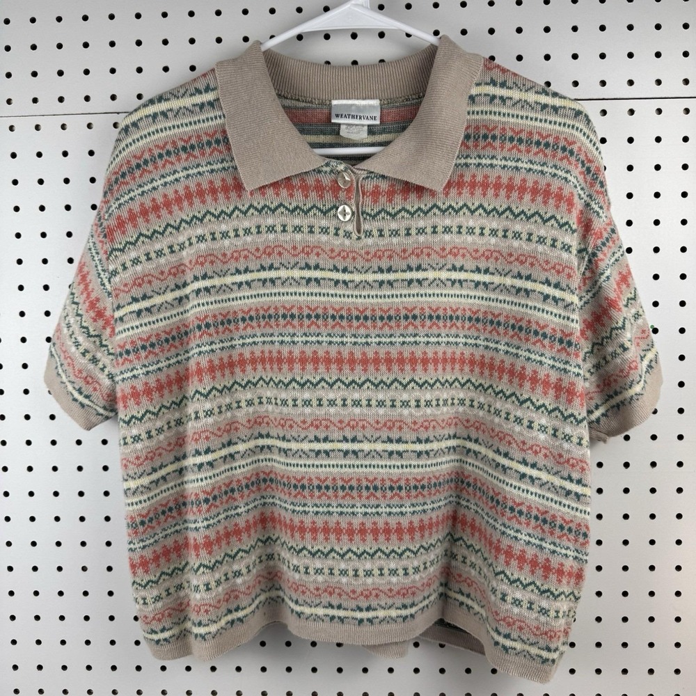 Vtg 90s Weathervane knit polo‎ sweater M beige Fair Isle grandpacore retro